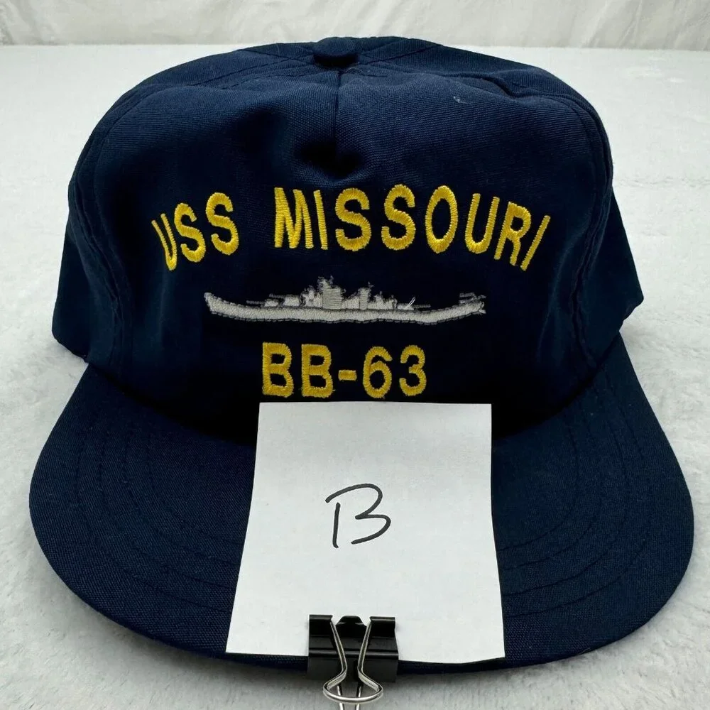 Vintage USS Missouri BB-63 Battleship Navy Snapback Cap Embroidered Blue (B)